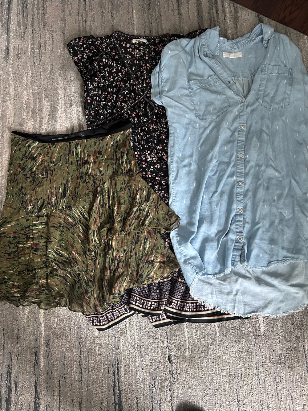 LOTS Light Blue Button-Up Shirt + Black Floral Dress + Green Patterned Skirt